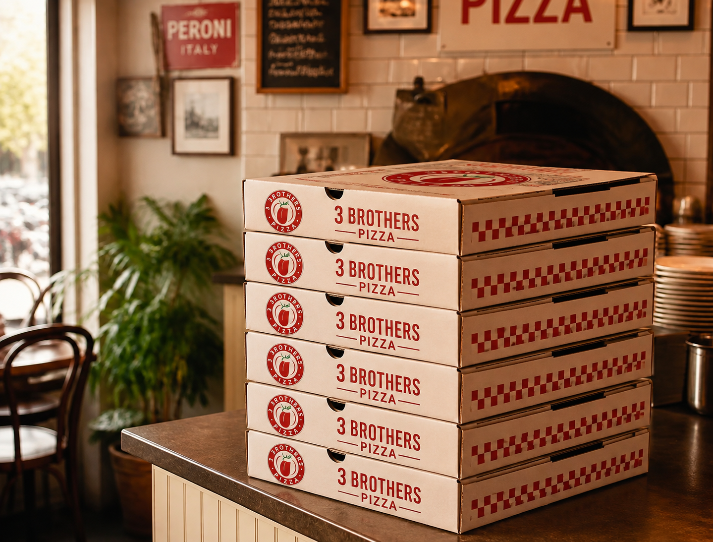 Stack of 3 Brothers Pizza delivery boxes on a counter in front of a pizza oven
