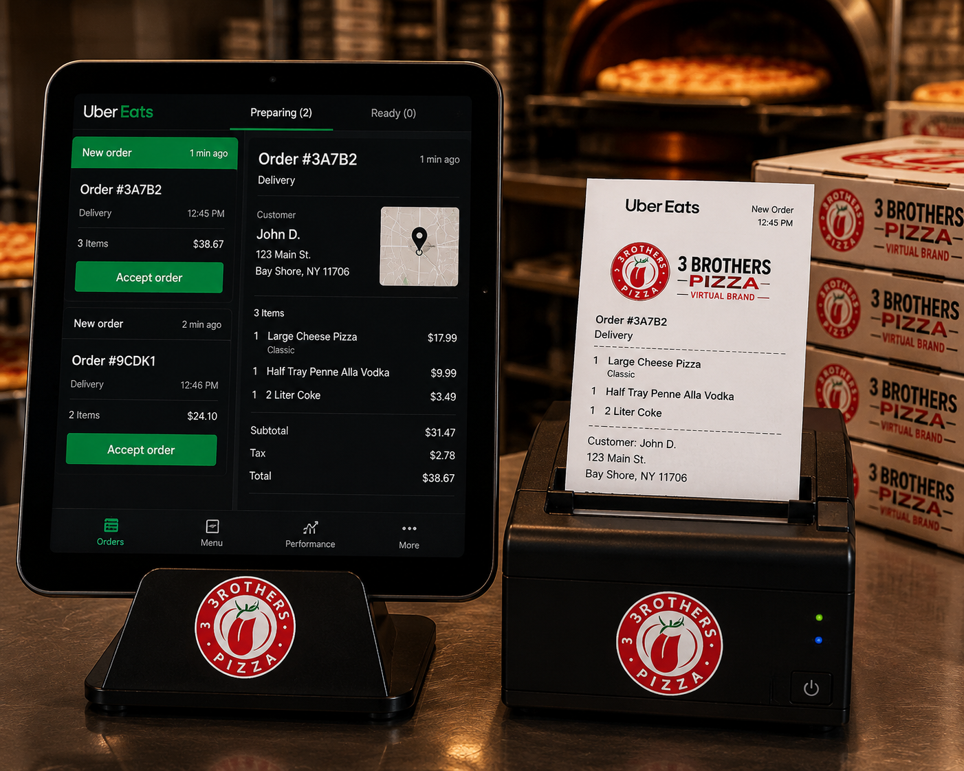 Uber Eats tablet and printed 3 Brothers Pizza order ticket in a partner kitchen