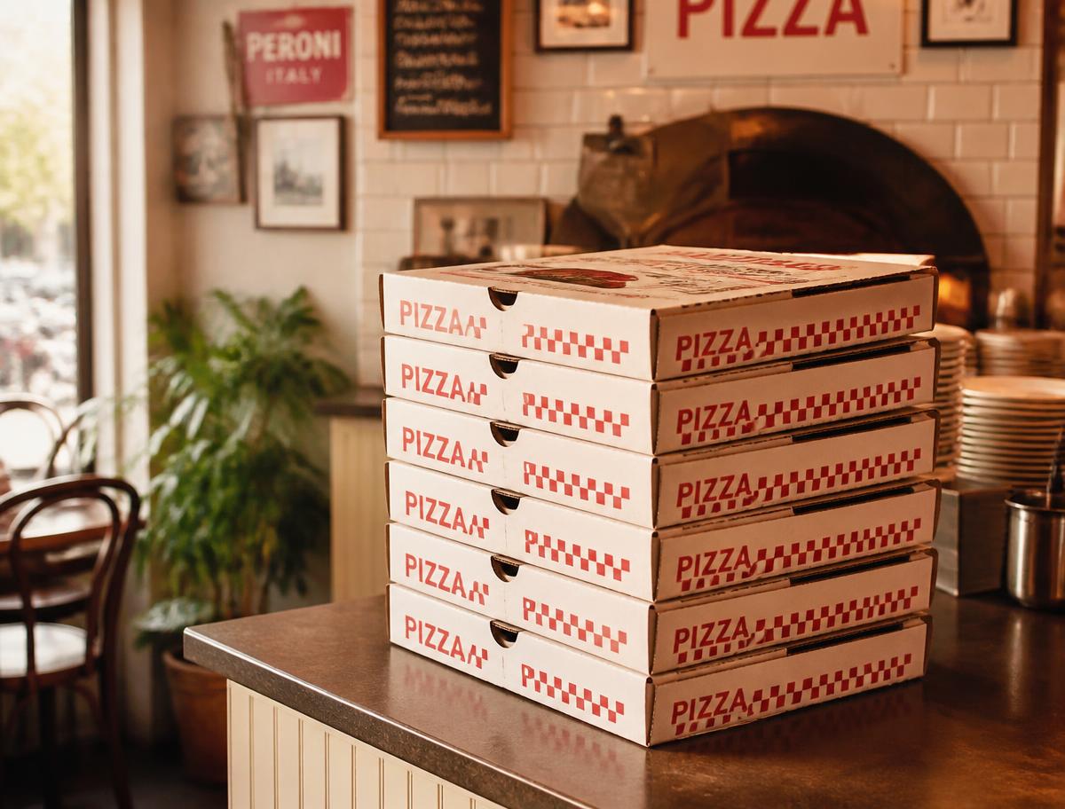 Stacked pizza boxes ready for delivery at a neighborhood pizzeria
